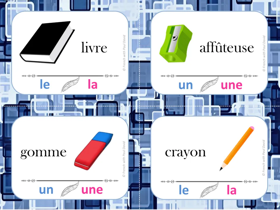 School supply noun gender: students clip le/la or un/une for livre, affûteuse, gomme and crayon picture cards