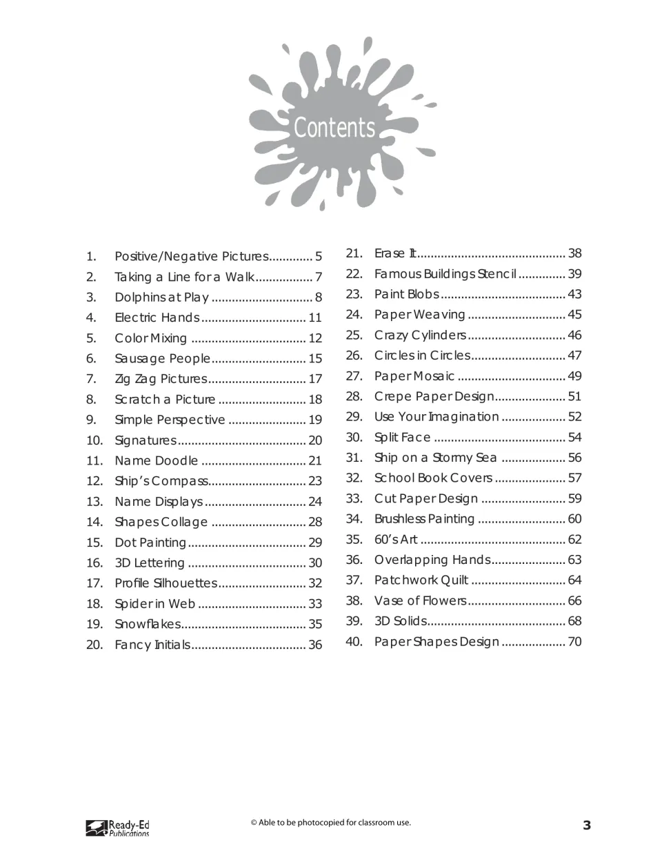 Contents for the 40 art lessons, from Positive/Negative Pictures to Paper Shapes Design, with page numbers