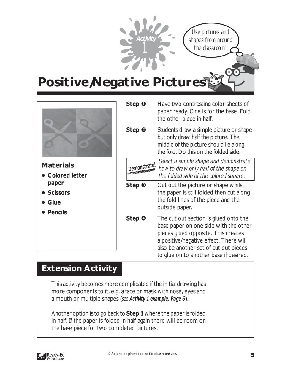 Activity 1, Positive/Negative Pictures: materials and steps for cutting and gluing contrasting paper shapes