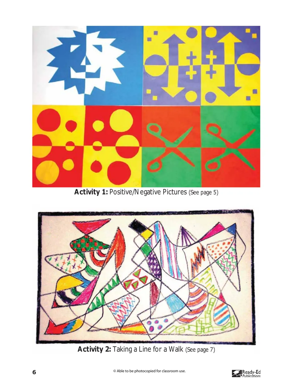 Art examples for Activities 1 and 2 show contrasting cut-paper shapes and tangled lines filled with patterns