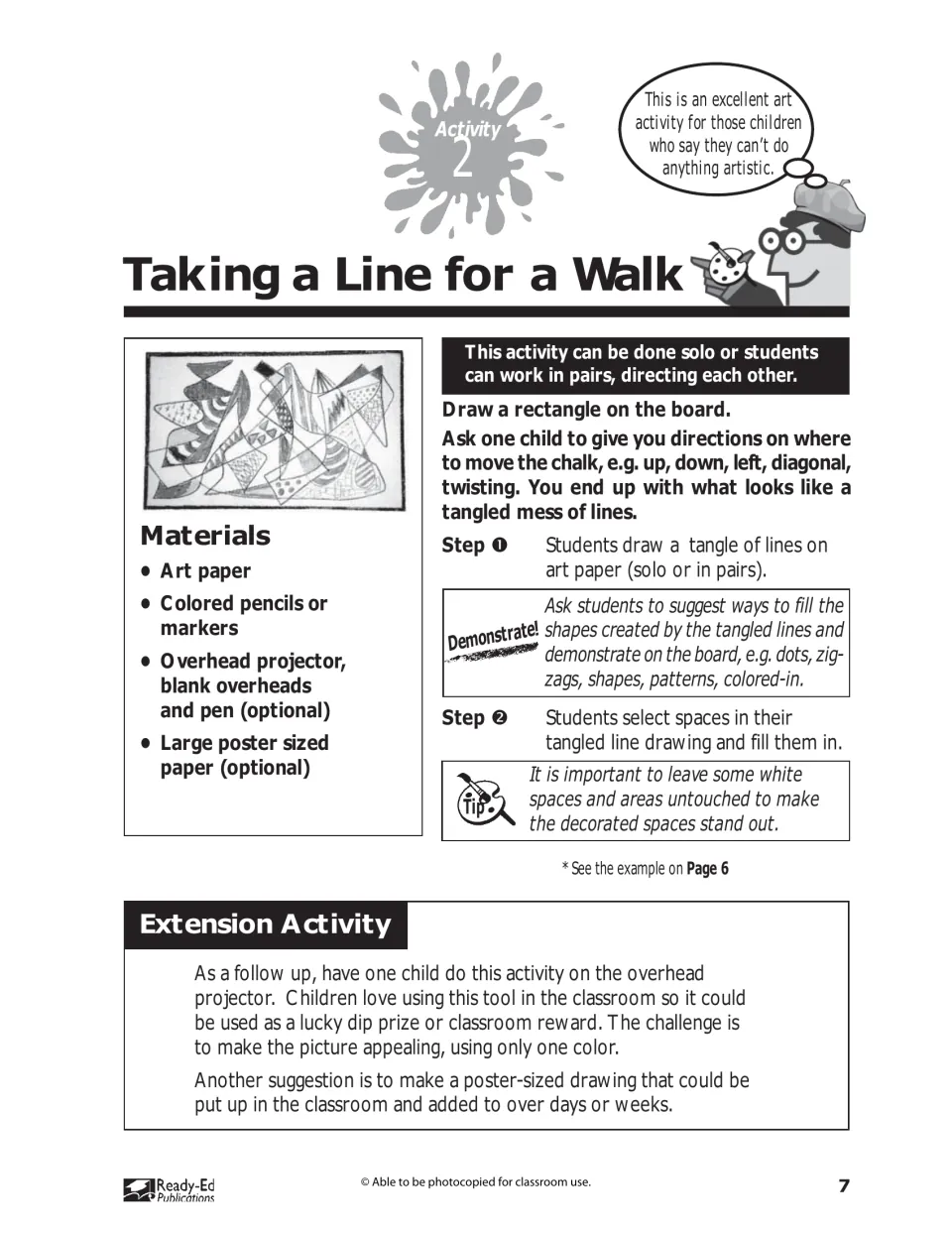 Activity 2, Taking a Line for a Walk: draw tangled lines and fill selected spaces with colors and patterns