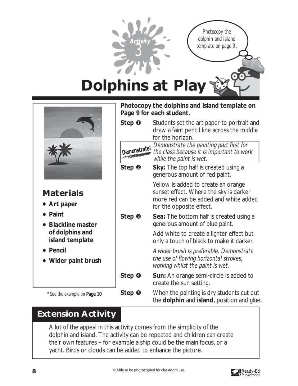 Activity 3, Dolphins at Play: paint a sunset and sea, then add dolphin and island cutouts from the template