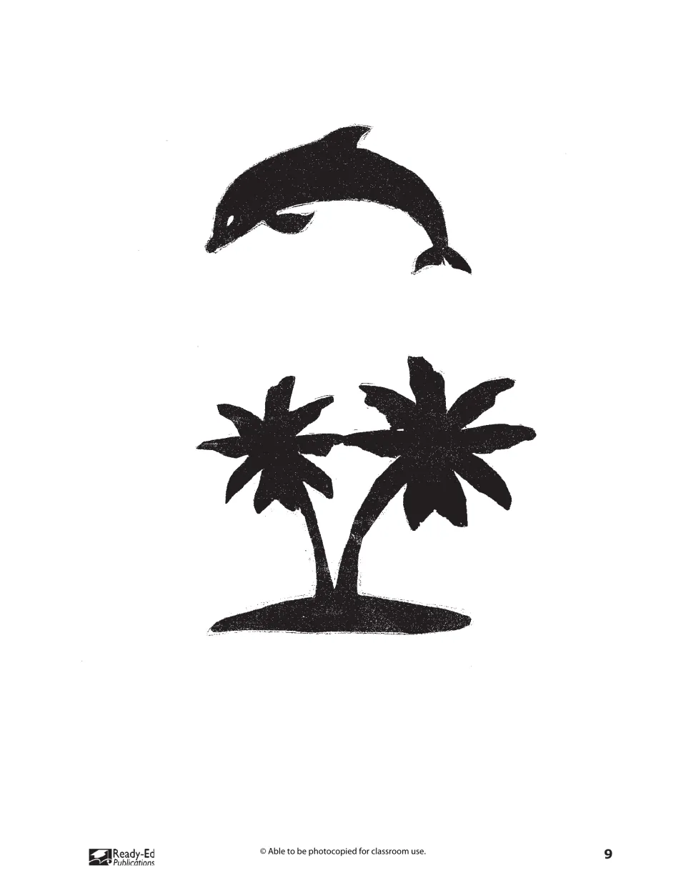 Dolphin and palm-tree island silhouettes form the photocopiable cutout template for Dolphins at Play