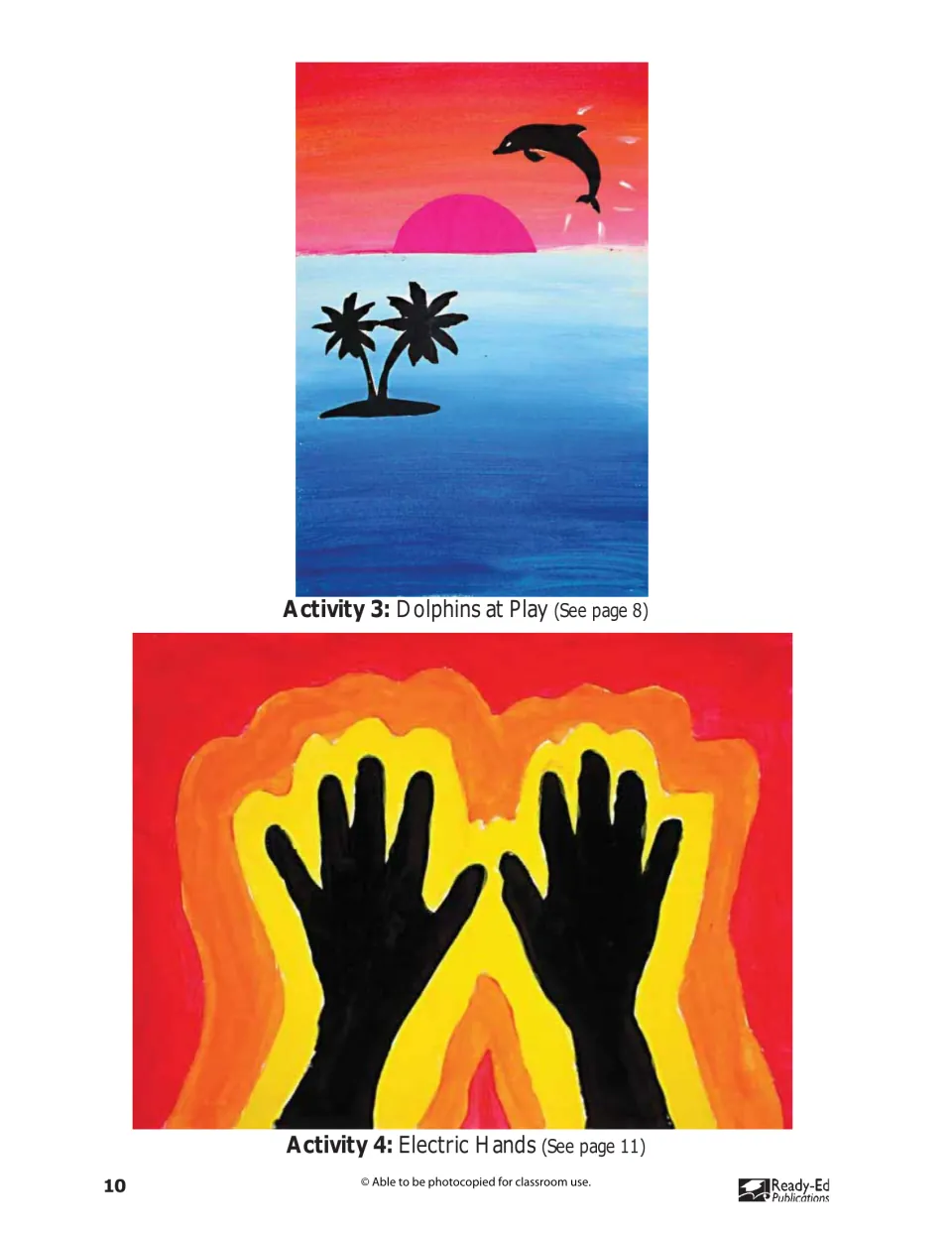 Examples for Activities 3 and 4 show a dolphin sunset painting and black hands surrounded by colored layers