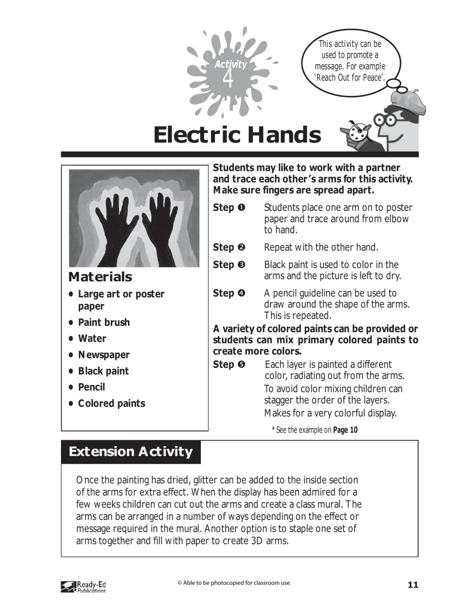 Activity 4, Electric Hands: trace arms and hands, paint them black, and add layers of color around them
