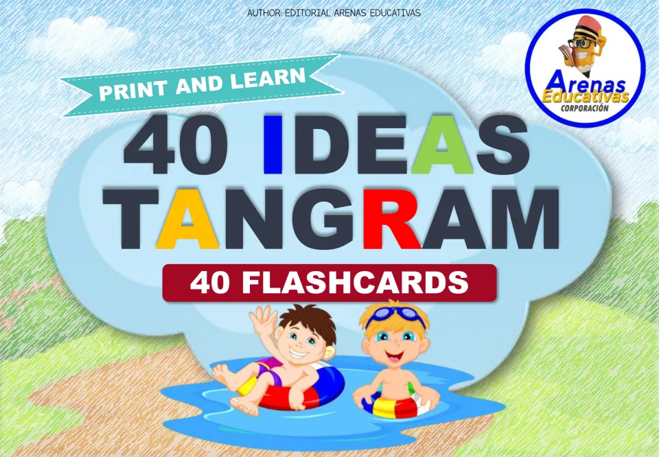 Tangram card set cover reading '40 Ideas Tangram,' '40 Flashcards,' and 'Print and Learn' above the models