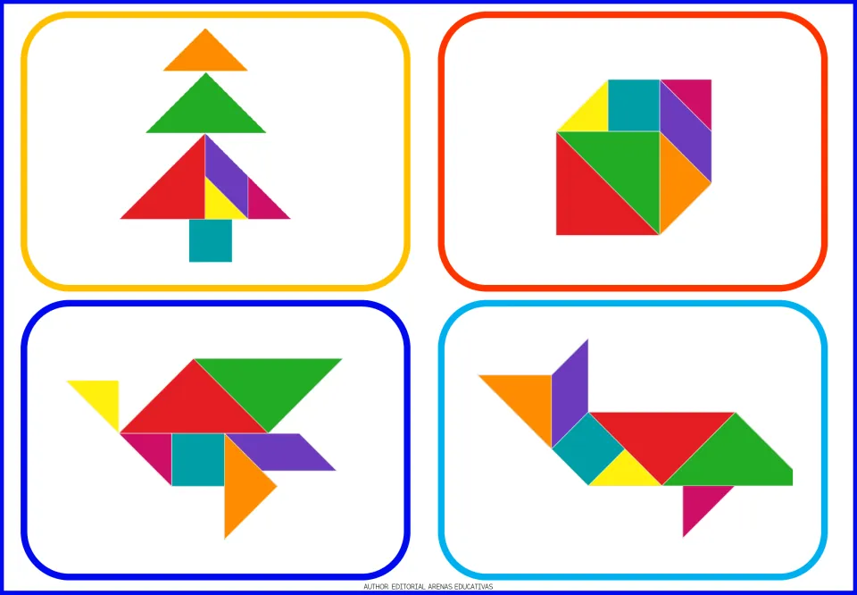 Tangram model cards 1–4 show a tree, a compact geometric figure, and two animal figures made of colored shapes