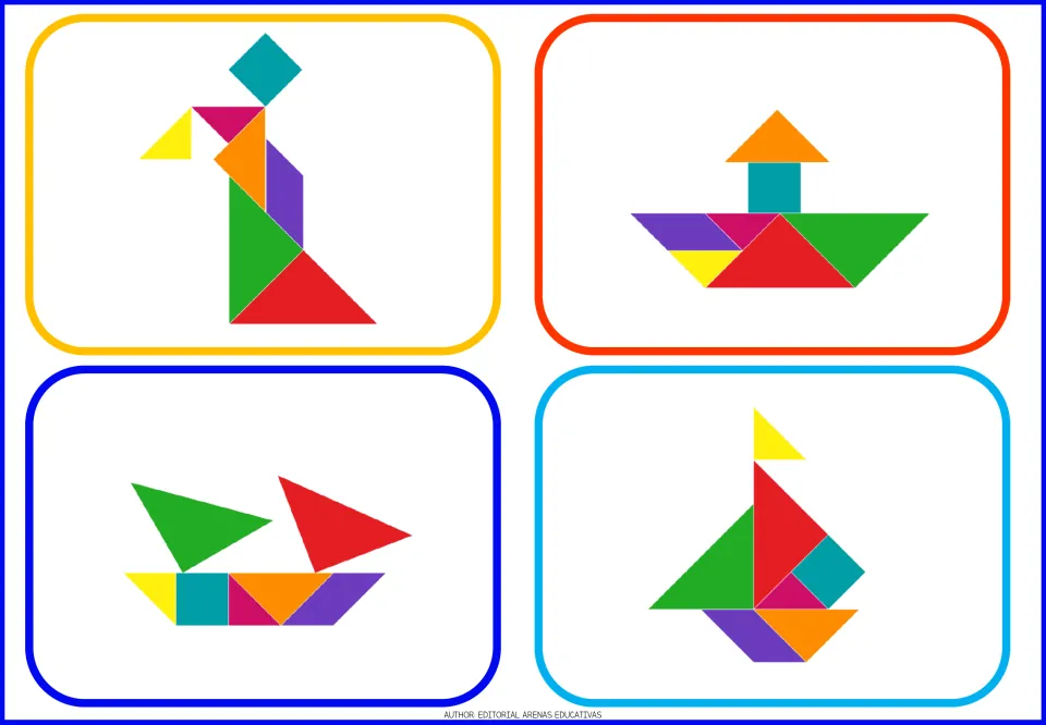 Tangram model cards 5–8 show an upright figure and three boats built from colored triangles and other shapes