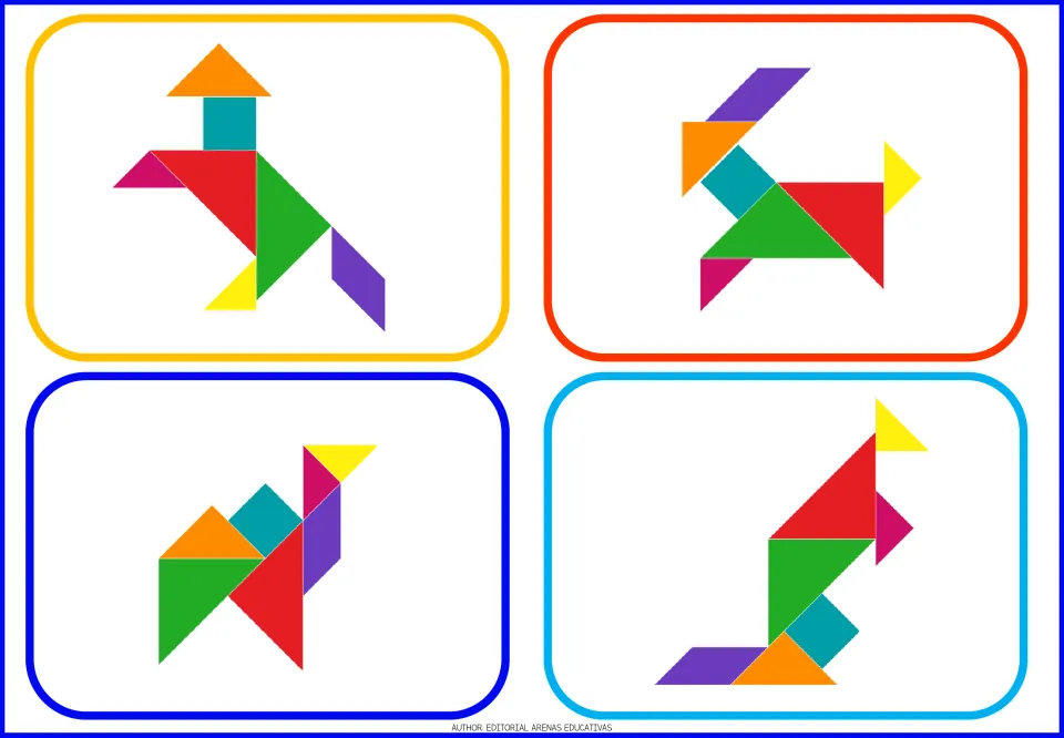 Tangram model cards 9–12 show four angular figures, including a rabbit with long ears and a kangaroo