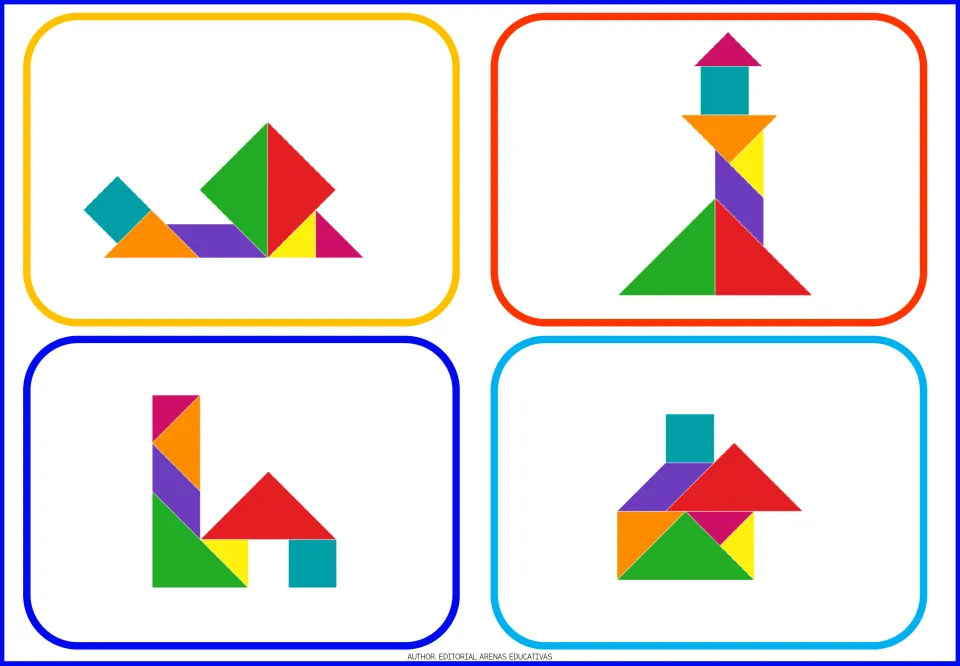 Tangram model cards 13–16 include a tall tower and a house, each assembled from seven colored pieces