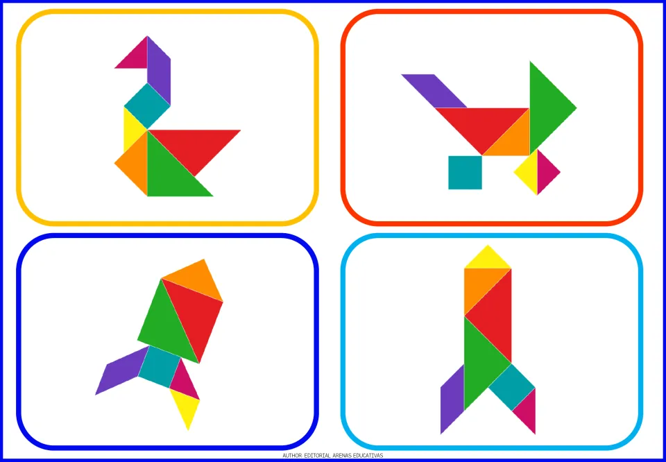 Tangram model cards 17–20 show a long-necked bird, a wheeled figure, and two rockets made of colored shapes