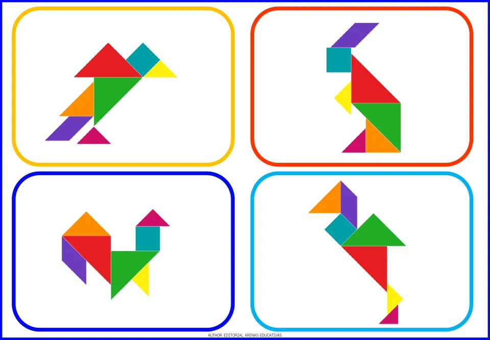 Tangram model cards 21–24 show four bird figures with different beaks, tails, and poses in colored pieces