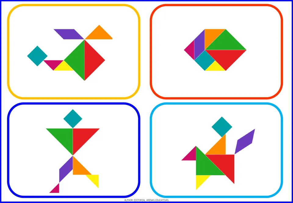 Tangram model cards 25–28 show two geometric arrangements and two people posed with extended arms or legs