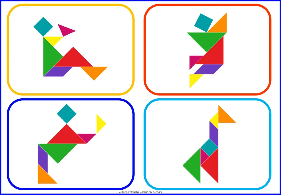 Tangram model cards 29–32 show three people in different poses and a tall bird with an orange triangular beak