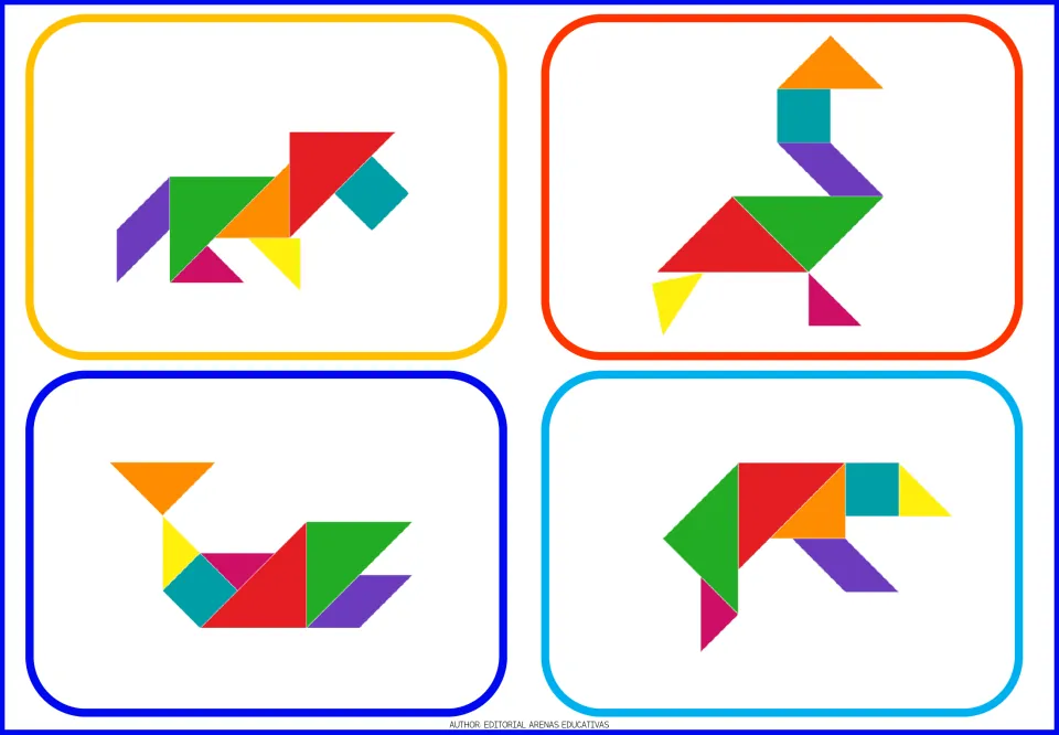 Tangram model cards 33–36 show four animal figures, including a long-necked bird and a whale with a raised tail