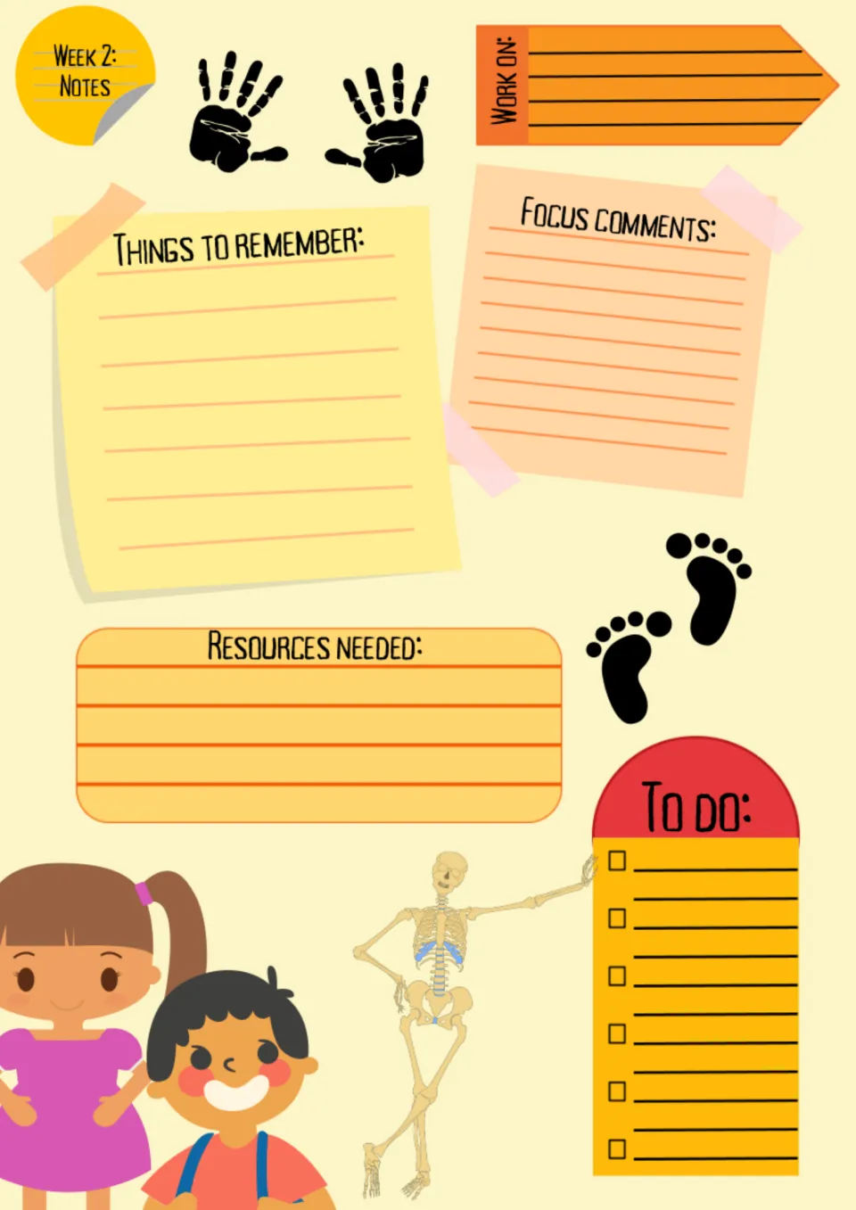 Week 2 notes template for My body: Things to remember, Work on, Focus comments, Resources needed, and To do