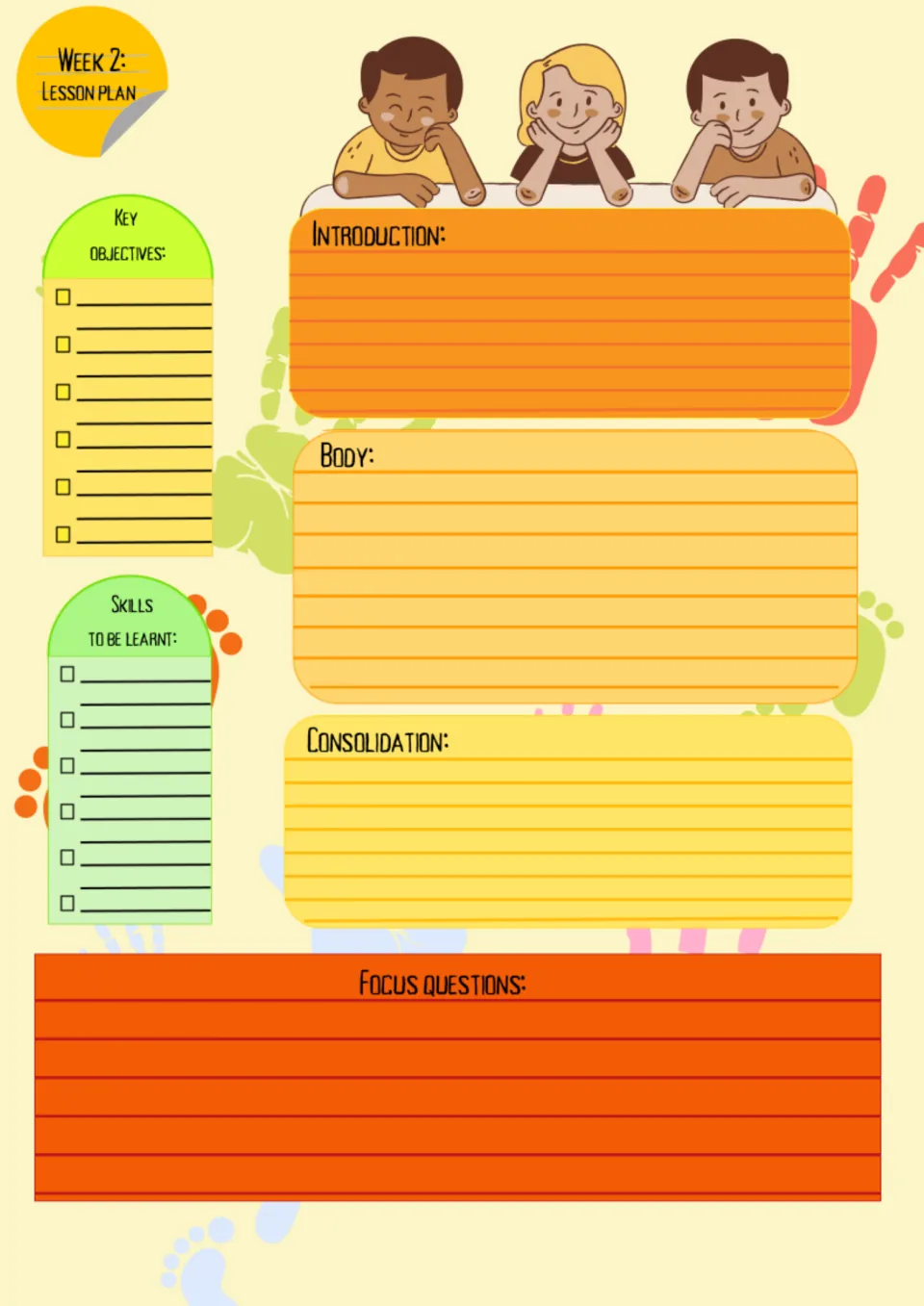 Week 2 lesson plan for My body: key objectives, skills, introduction, body, consolidation, and focus questions