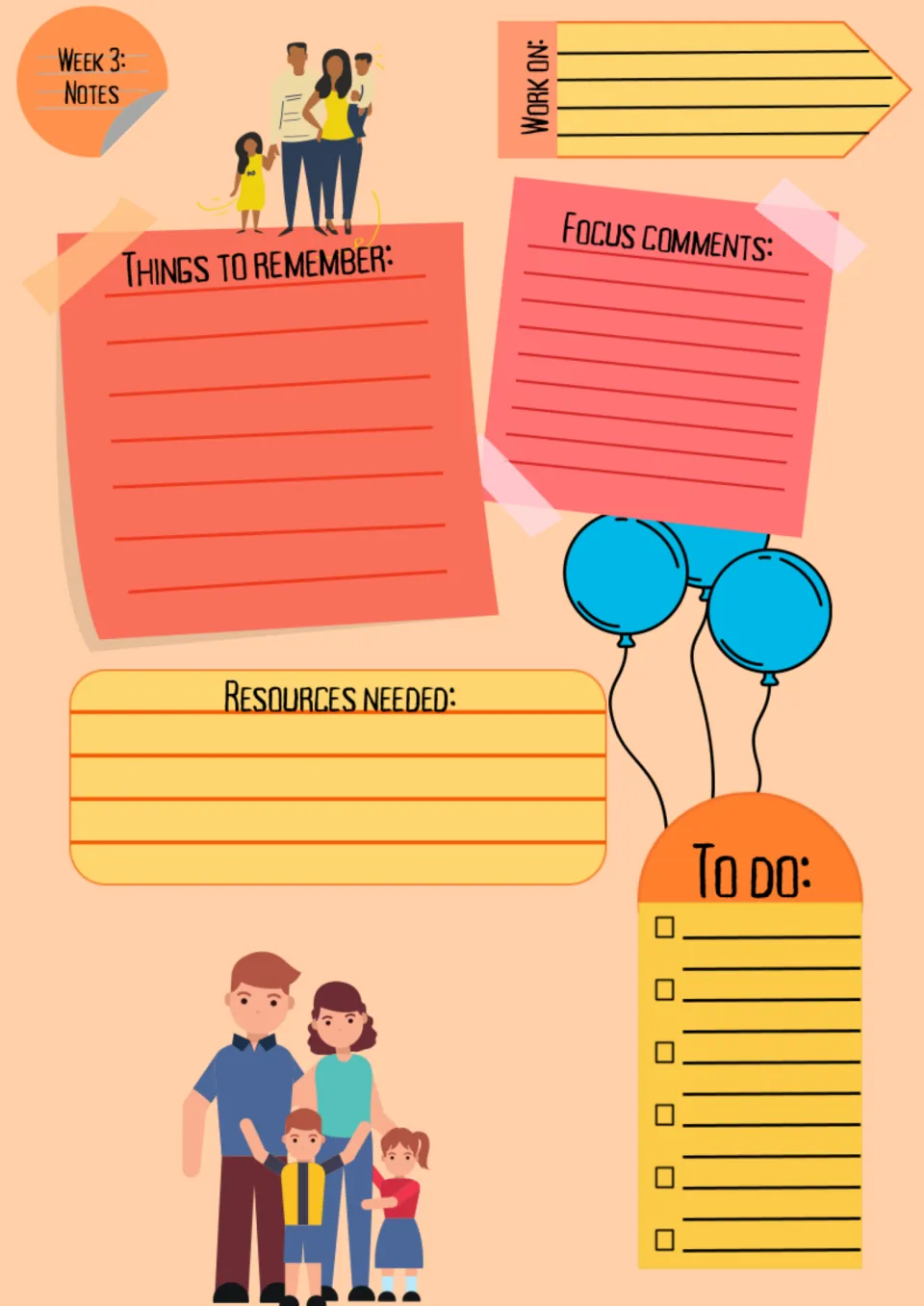 Week 3 notes template for My family: Things to remember, Work on, Focus comments, Resources needed, and To do