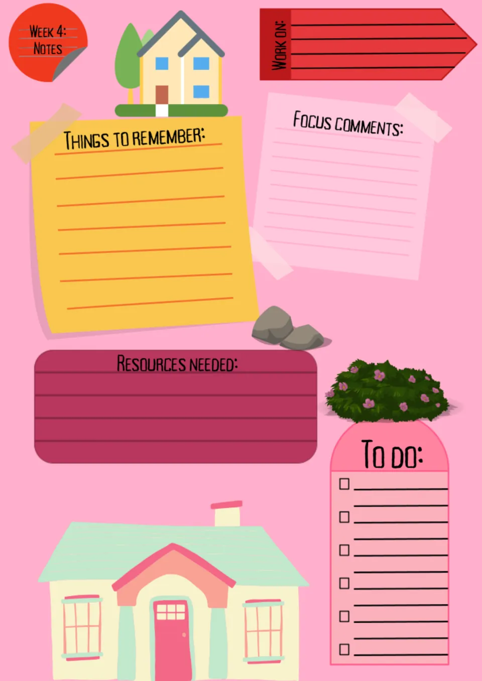 Week 4 notes template for My home: Things to remember, Work on, Focus comments, Resources needed, and To do