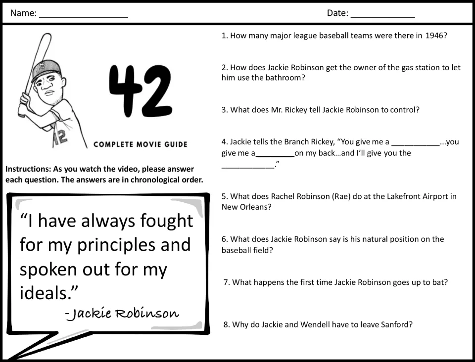 42 movie guide questions 1-8: students answer in order while viewing, from 1946 baseball teams to leaving Sanford