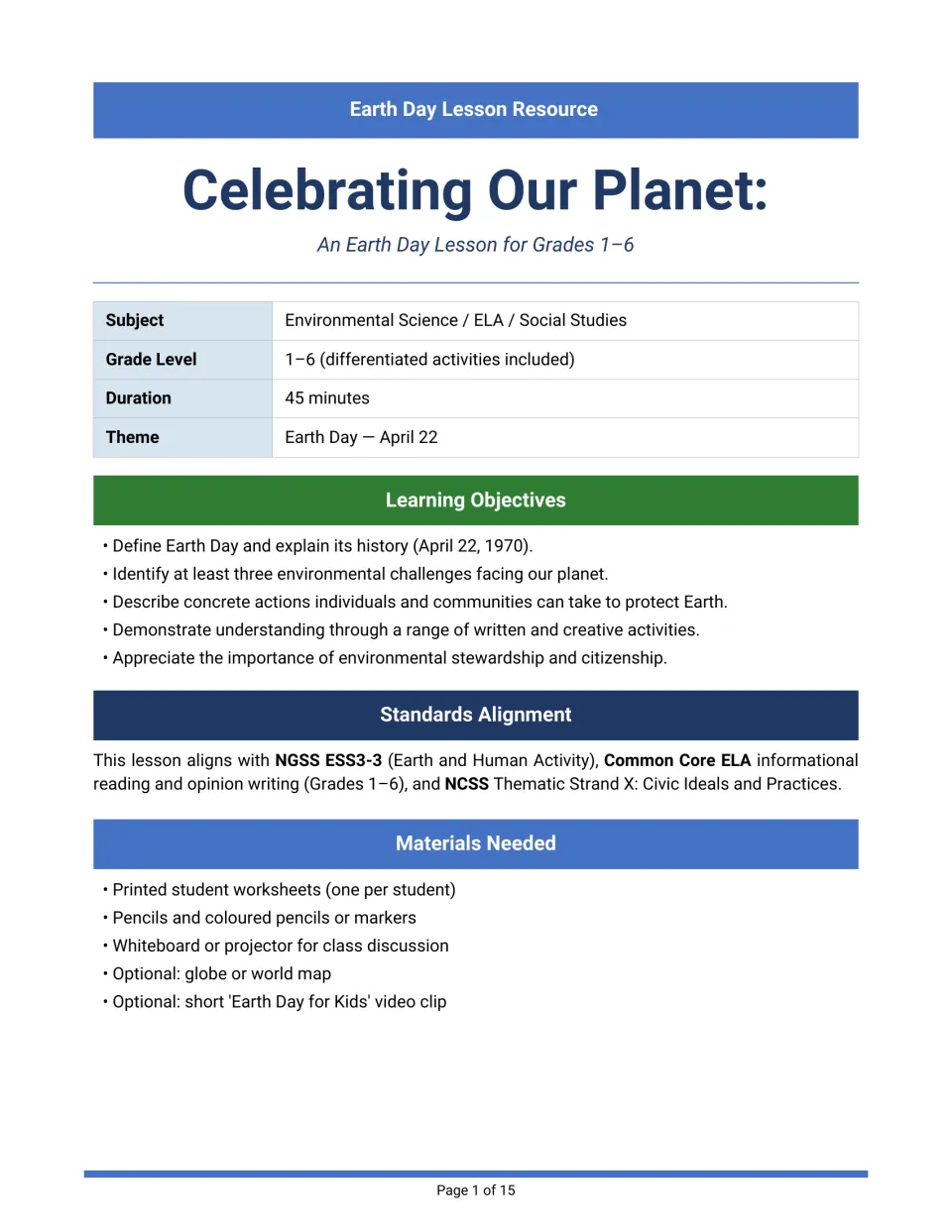 Earth Day lesson overview, Celebrating Our Planet: subject, 45-minute duration, objectives, standards and materials list