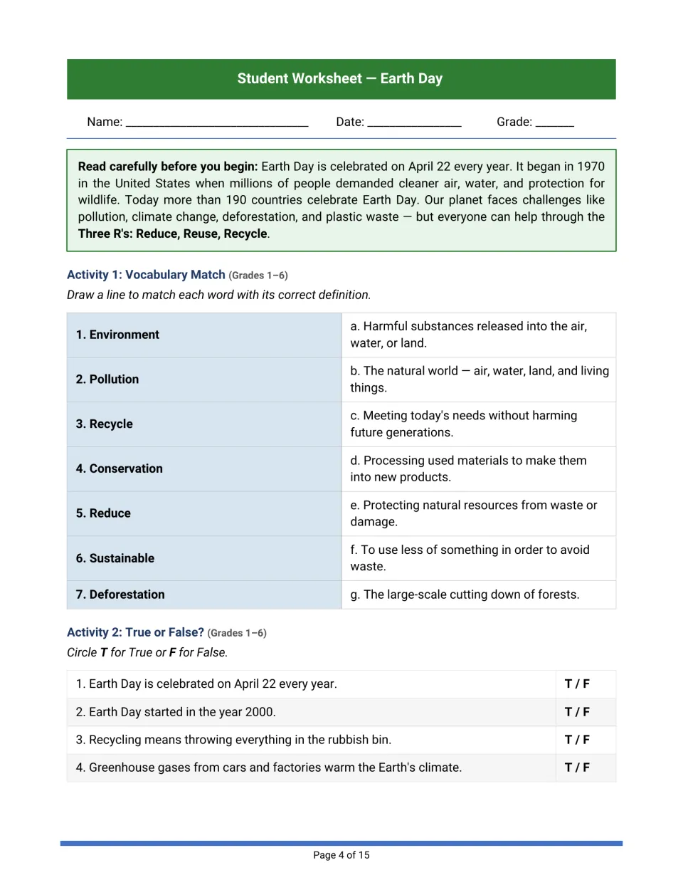 Earth Day reading passage, then students match 7 environment words to definitions and mark 4 true or false statements