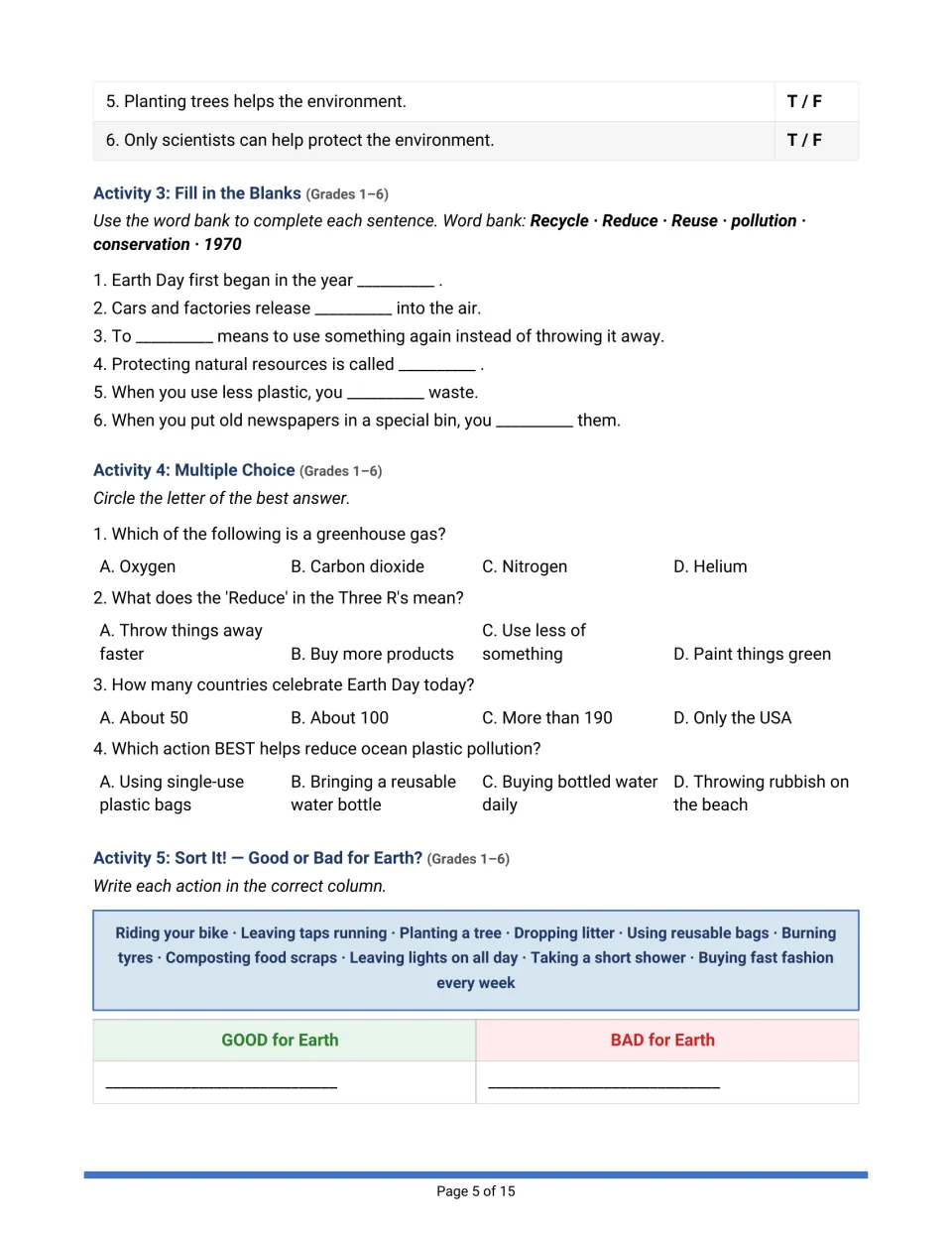 Three R's and pollution fill-in-the-blanks, 4 multiple-choice questions and sorting actions as good or bad for Earth