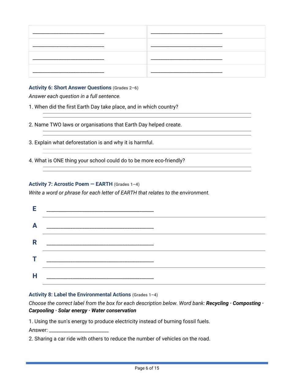 Earth Day short-answer questions, an EARTH acrostic poem and labeling eco actions such as solar energy and carpooling