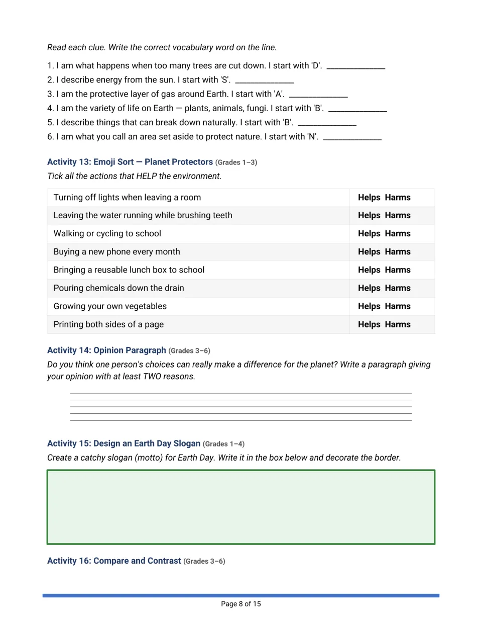 Environment riddles with first-letter clues, a helps-or-harms action sort, an opinion paragraph and an Earth Day slogan