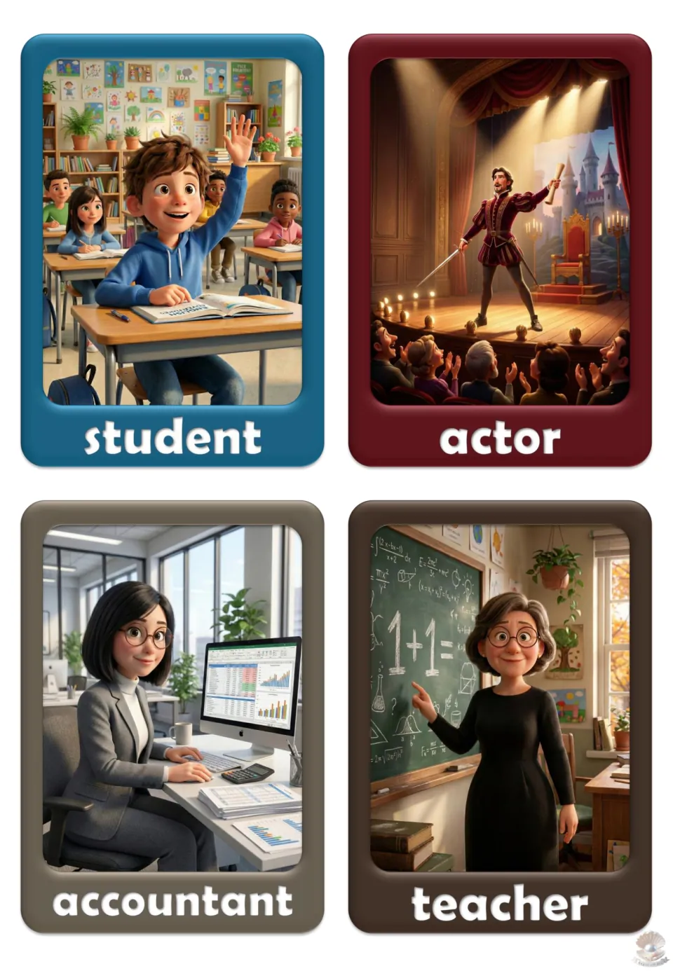 Job vocabulary flashcards 1–4: student, actor, accountant, and teacher, each pictured in a related setting