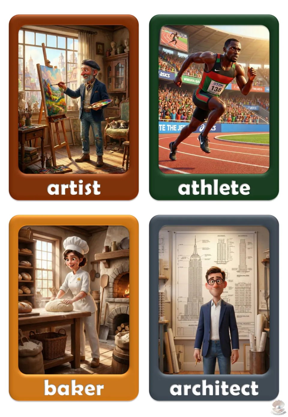 Job vocabulary flashcards 5–8: artist, athlete, baker, and architect, each pictured in a related setting