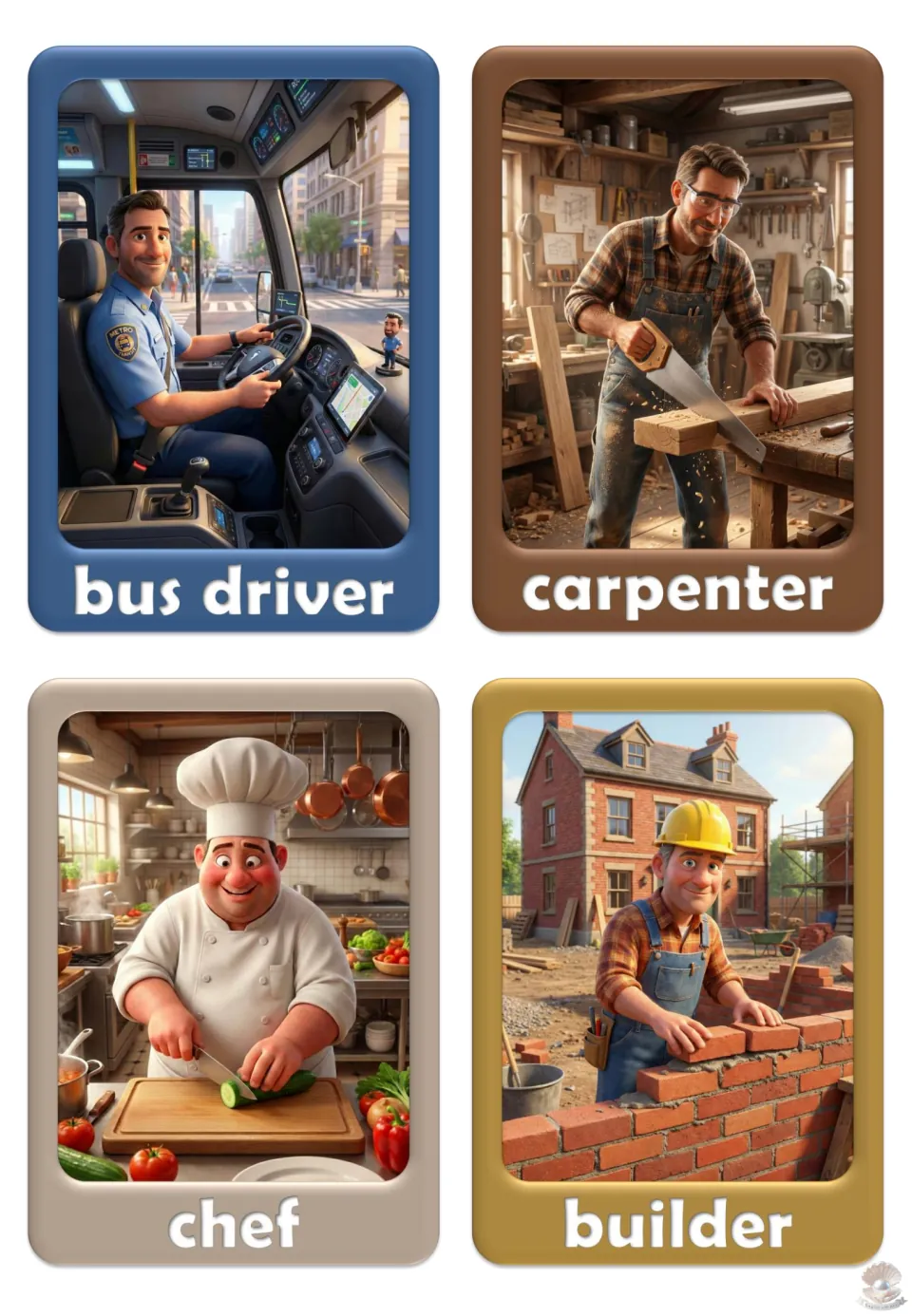 Job vocabulary flashcards 9–12: bus driver, carpenter, chef, and builder, pictured driving or working