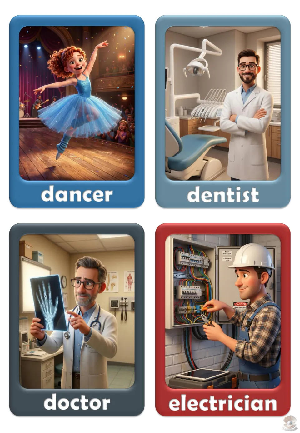 Job vocabulary flashcards 13–16: dancer, dentist, doctor, and electrician, illustrated in their workplaces