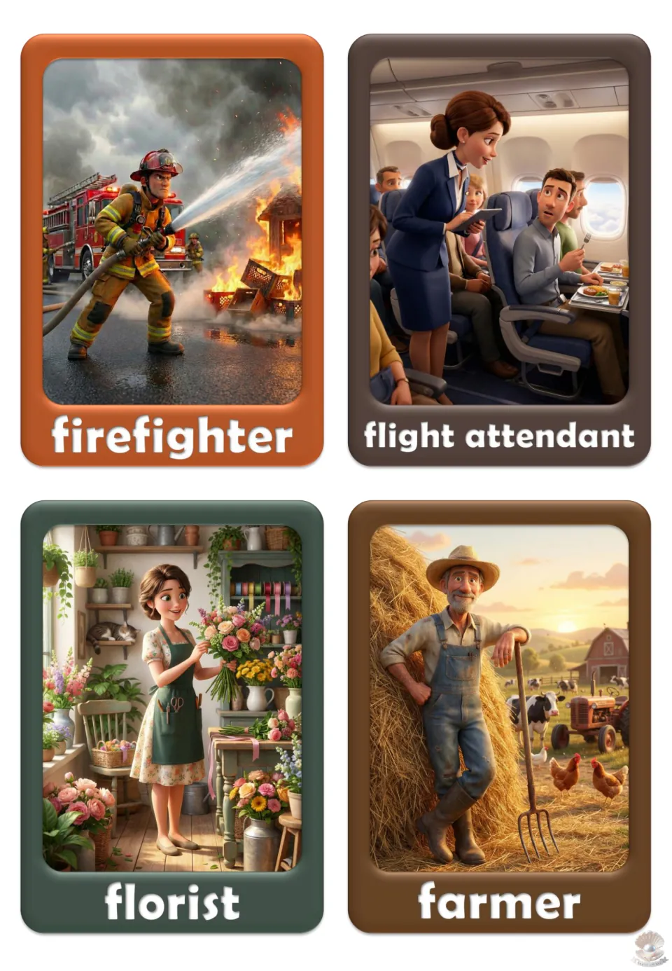 Job vocabulary flashcards 17–20: firefighter, flight attendant, florist, and farmer, shown in work settings