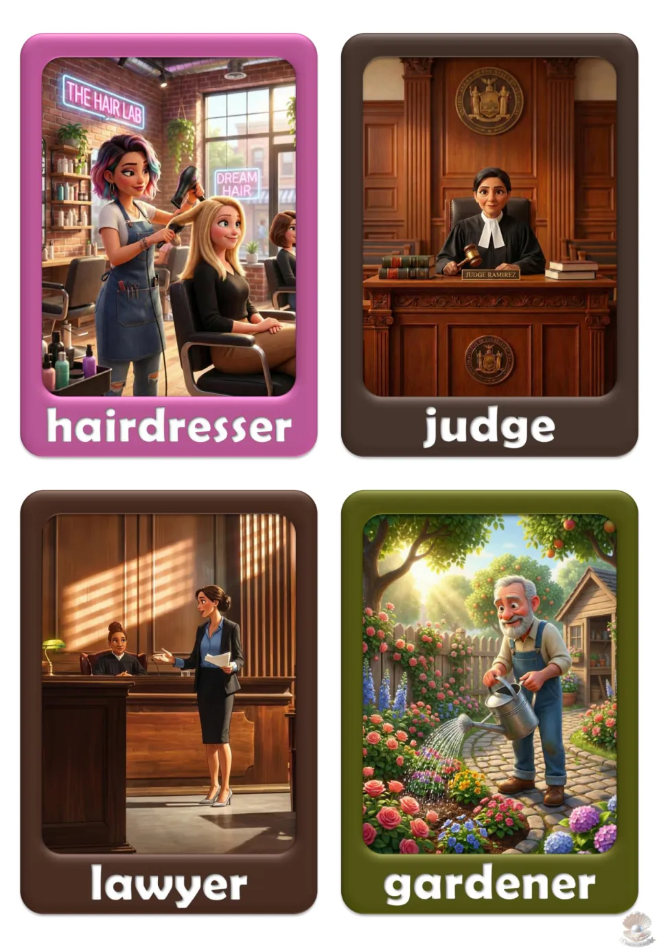 Job vocabulary flashcards 21–24: hairdresser, judge, lawyer, and gardener, pictured in their work settings
