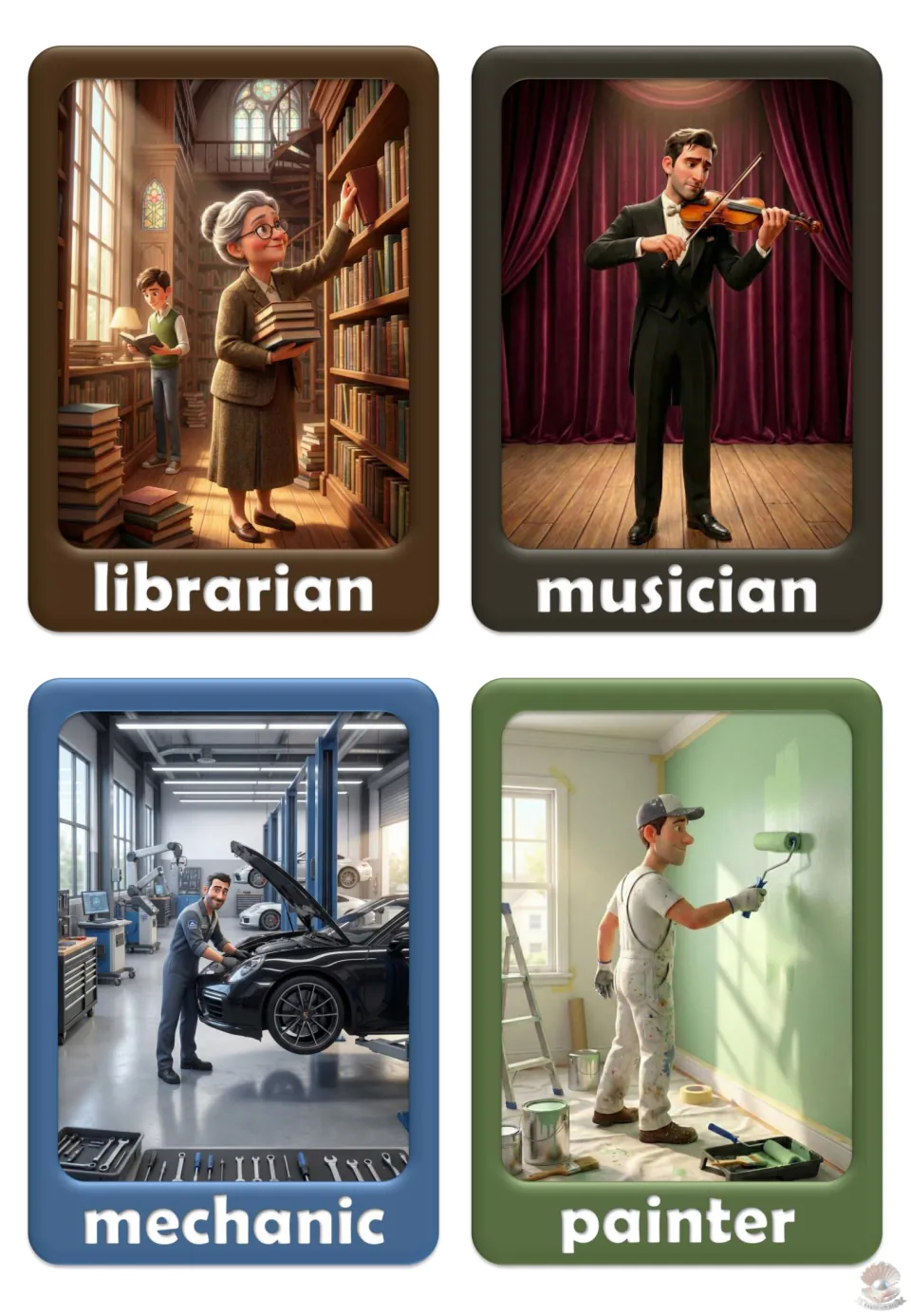Job vocabulary flashcards 25–28: librarian, musician, mechanic, and painter, each illustrated at work
