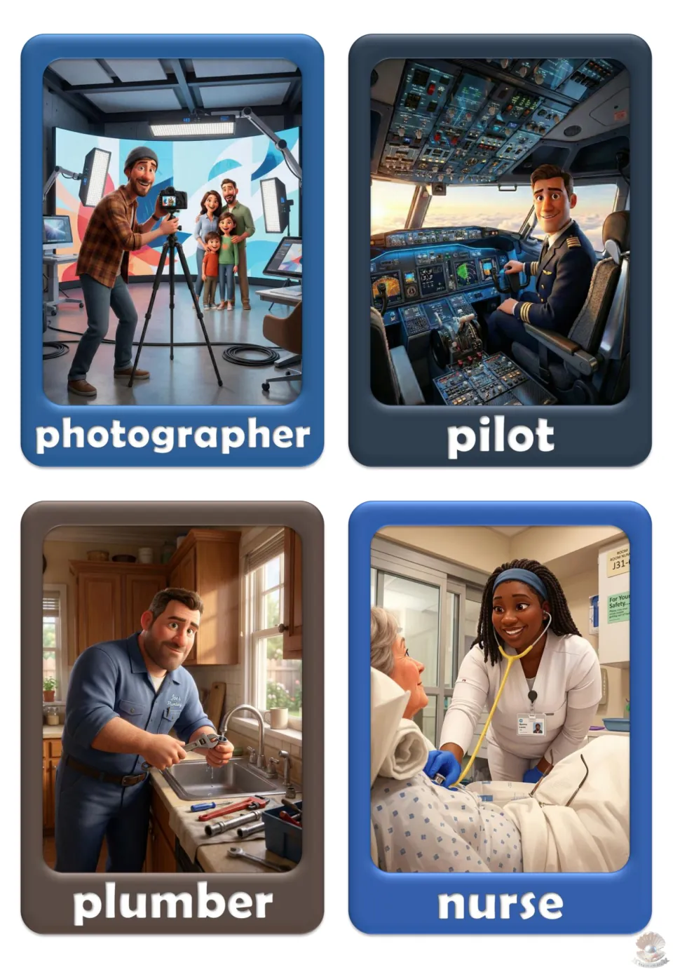 Job vocabulary flashcards 29–32: photographer, pilot, plumber, and nurse, each pictured in a work setting