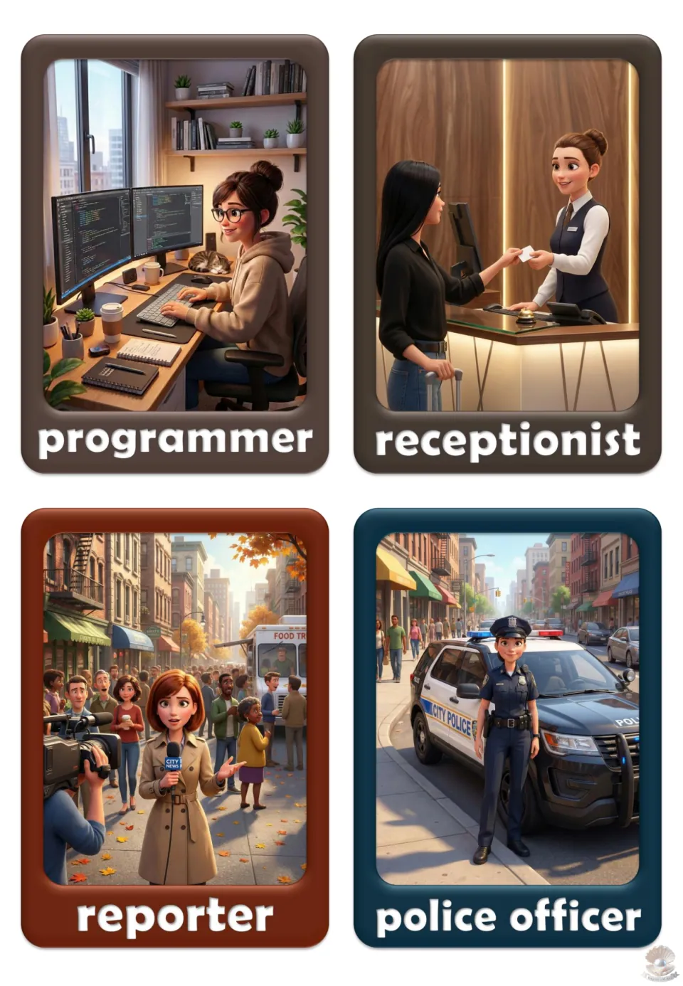 Job vocabulary flashcards 33–36: programmer, receptionist, reporter, and police officer, pictured at work