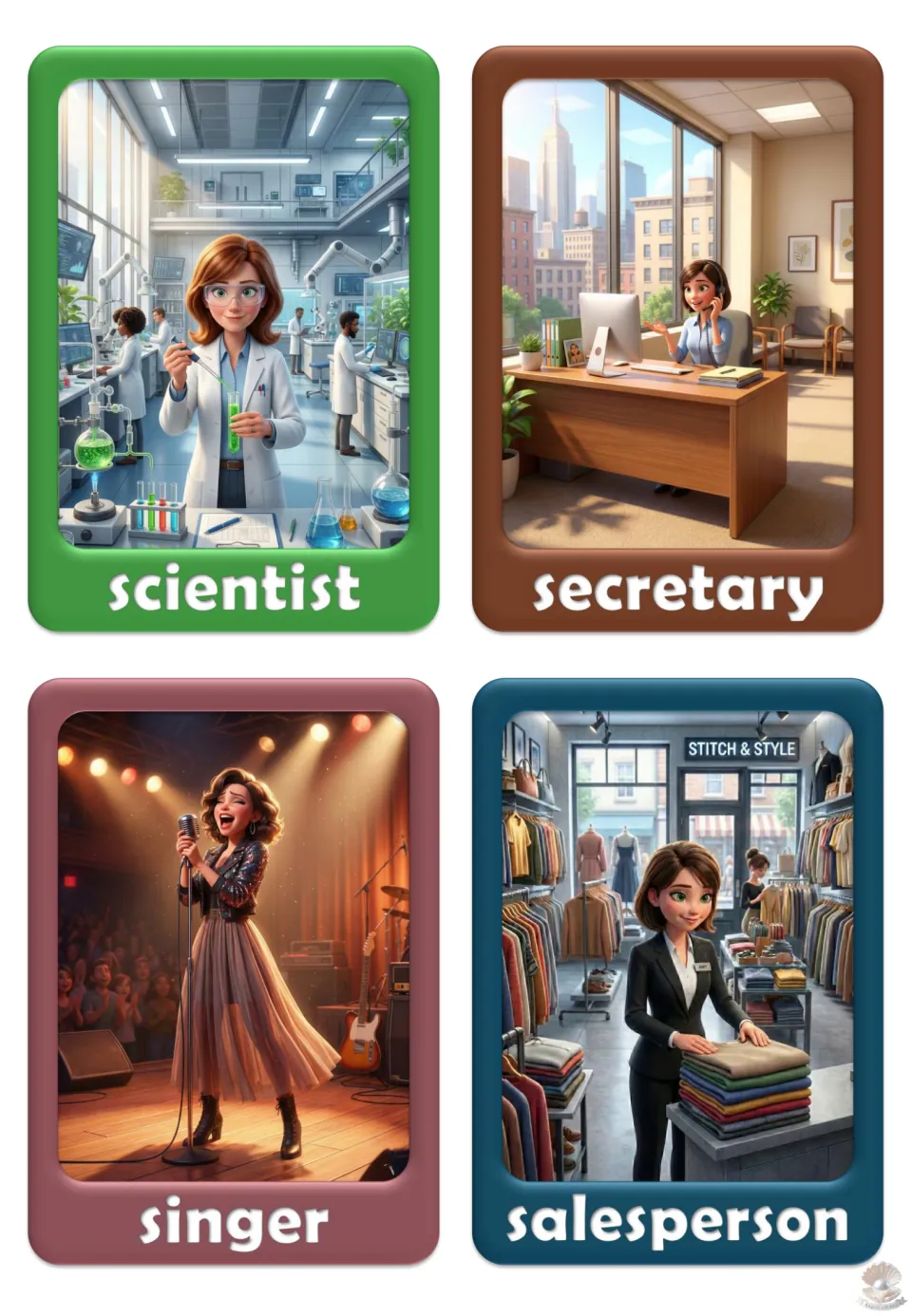 Job vocabulary flashcards 37–40: scientist, secretary, singer, and salesperson, shown in their workplaces