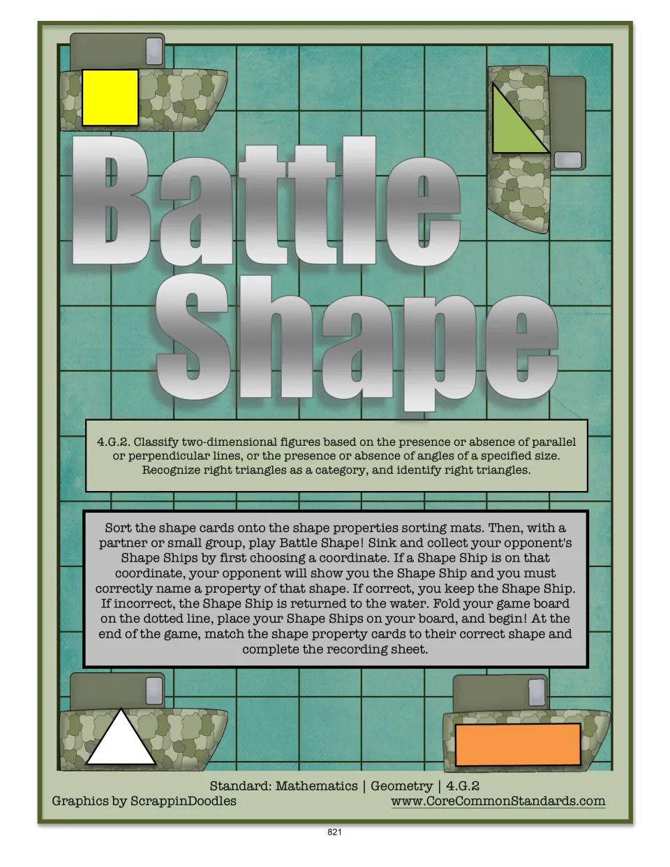 Battle Shape directions: sort shape cards, choose coordinates, and name shape properties to collect ships
