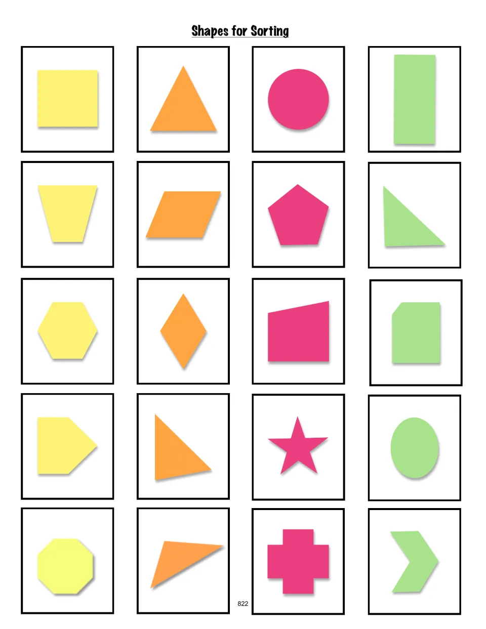 Set of 20 shape cards for sorting, including a square, triangles, circle, rectangle, polygons, star, and oval
