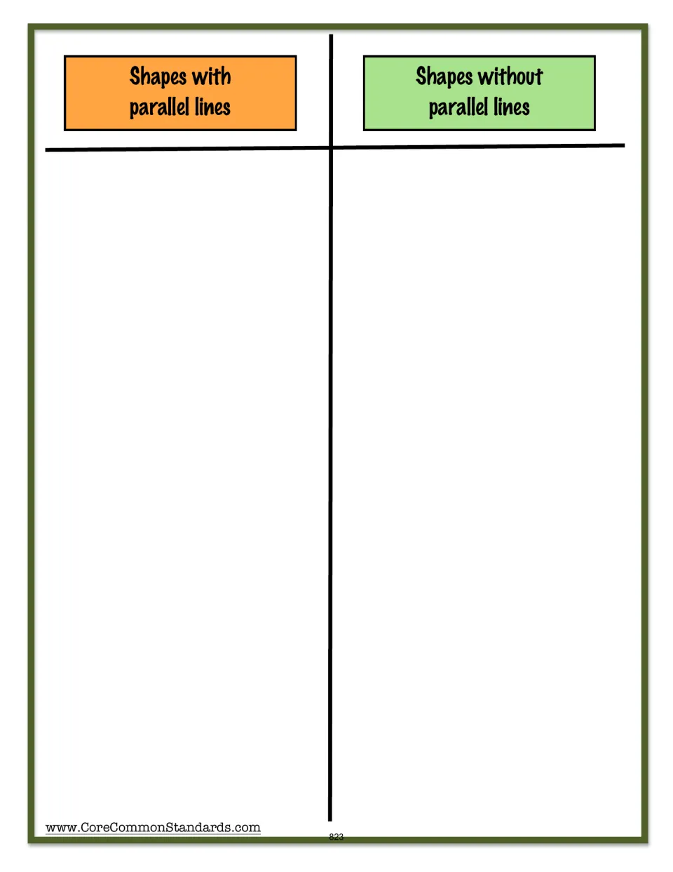 Shape sorting mat for classifying the lesson's cards as shapes with or without parallel lines