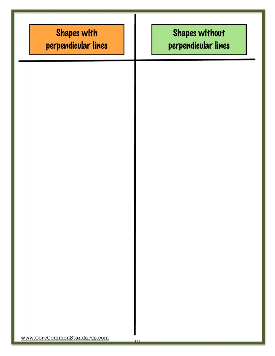 Shape sorting mat for classifying the lesson's cards as shapes with or without perpendicular lines