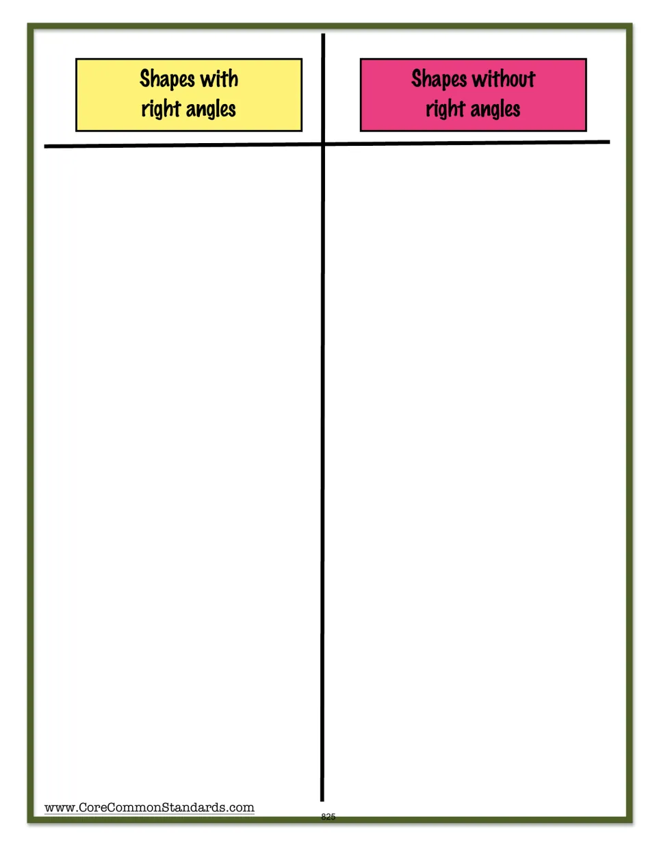 Shape sorting mat for classifying the lesson's cards by the presence or absence of right angles