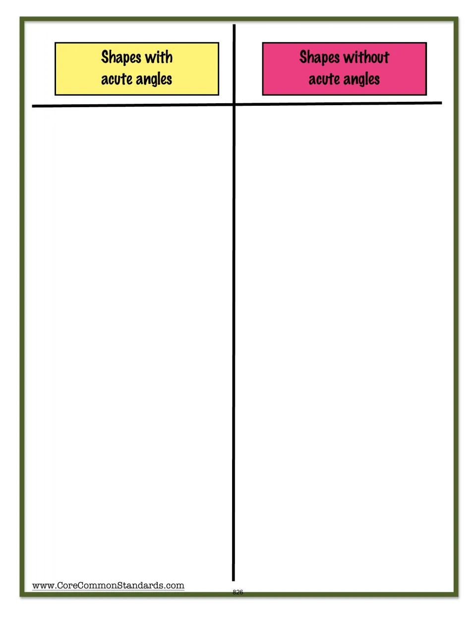 Shape sorting mat for classifying the lesson's cards by the presence or absence of acute angles
