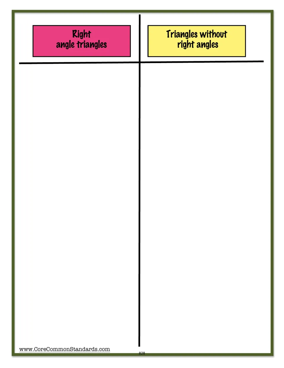 Triangle sorting mat for separating the lesson's triangle cards into those with and without right angles