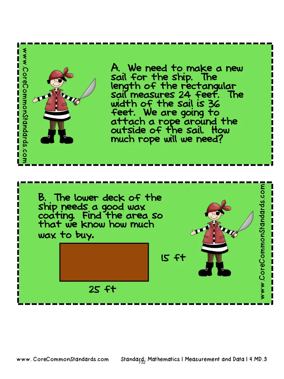 Problem cards A–B: find rope length around a 24-by-36-foot sail and the area of a 25-by-15-foot deck