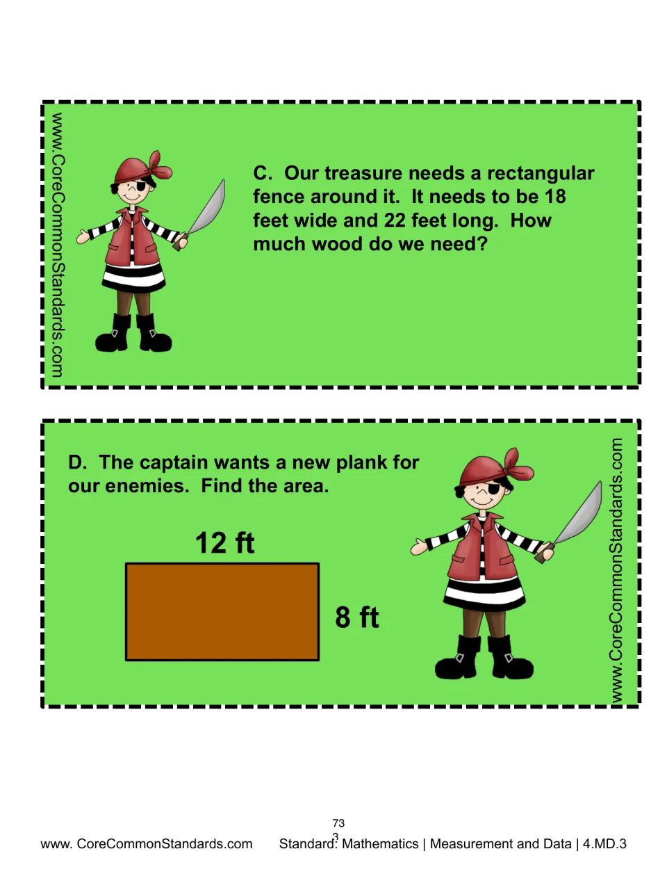 Problem cards C–D: find fencing for an 18-by-22-foot treasure enclosure and area of a 12-by-8-foot plank