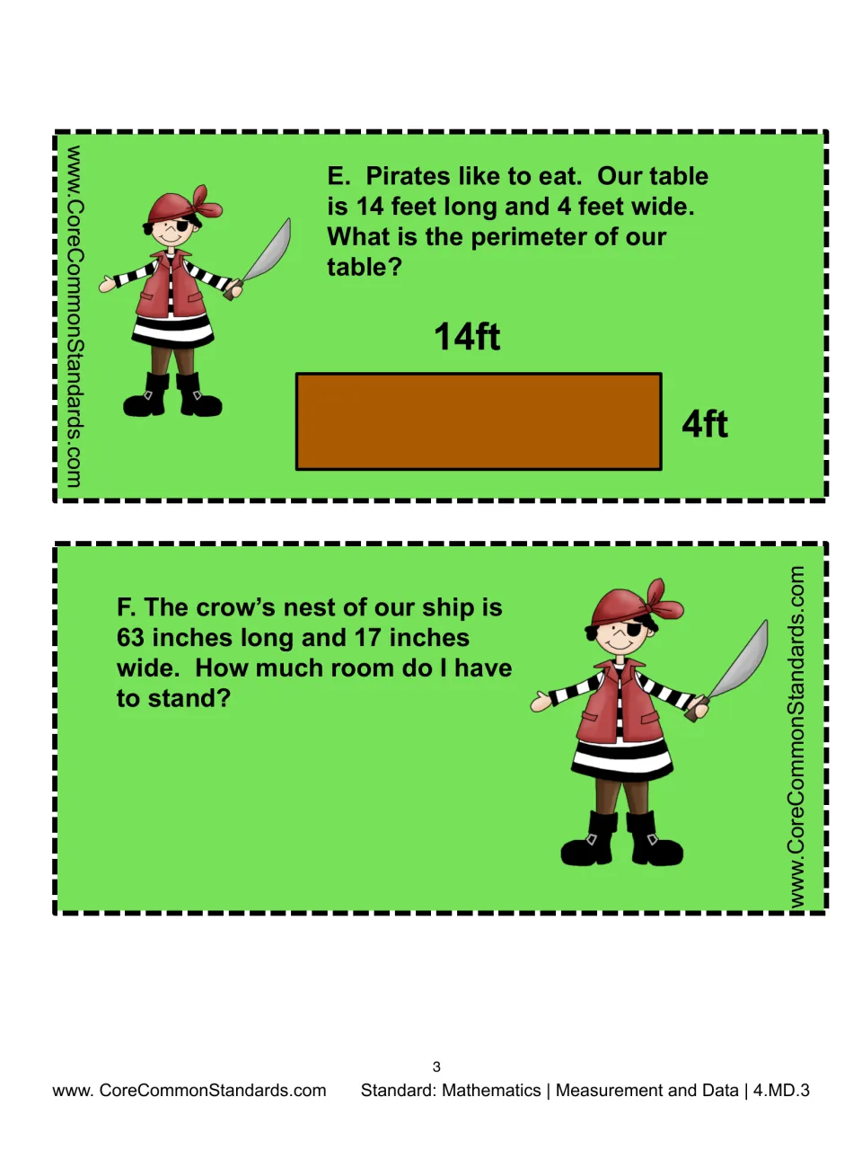 Problem cards E–F: find a 14-by-4-foot table's perimeter and the area of a 63-by-17-inch crow's nest