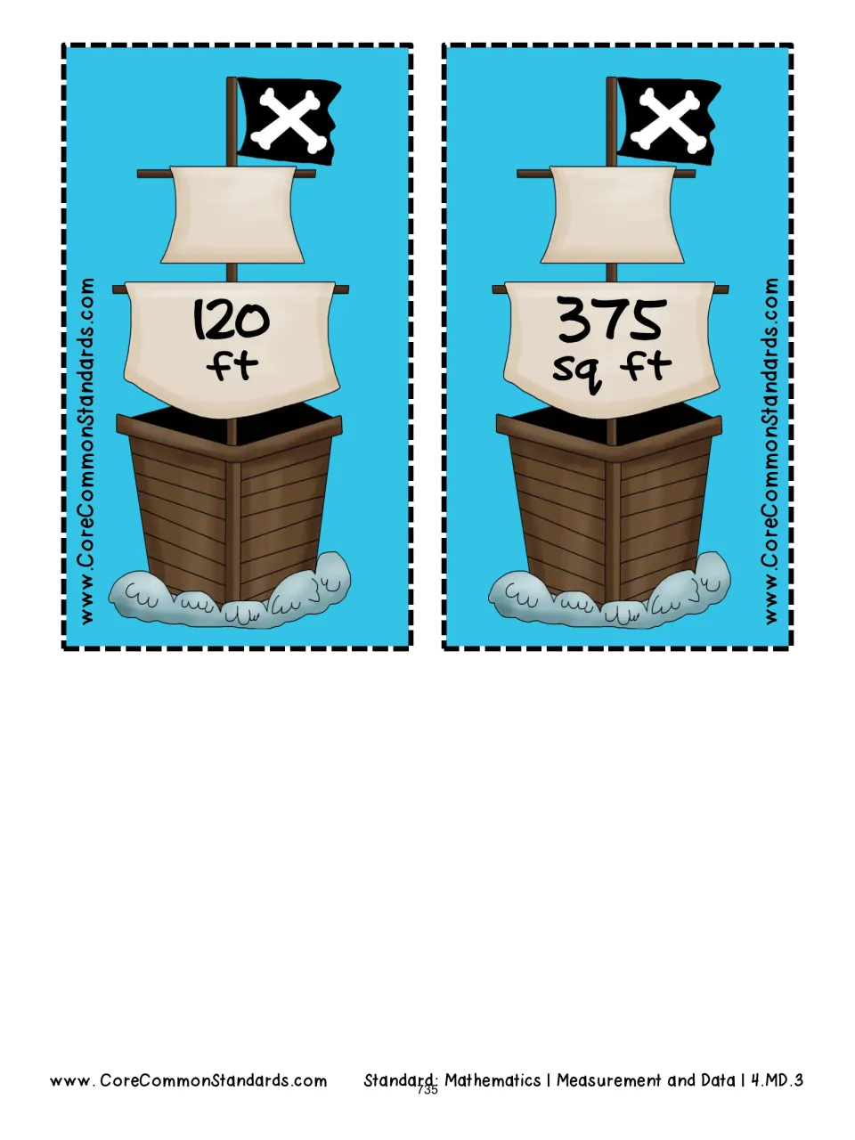 Ship answer cards 1–2 display 120 feet and 375 square feet for matching to the pirate rectangle problems